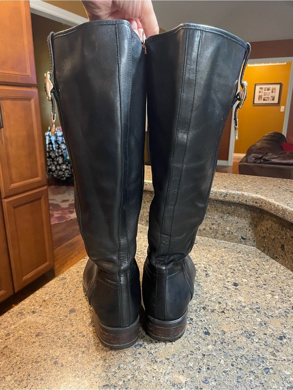Coach Easton Black Calf Leather Tall Riding Boots Sz 9 Gold Accented Logo Buckle